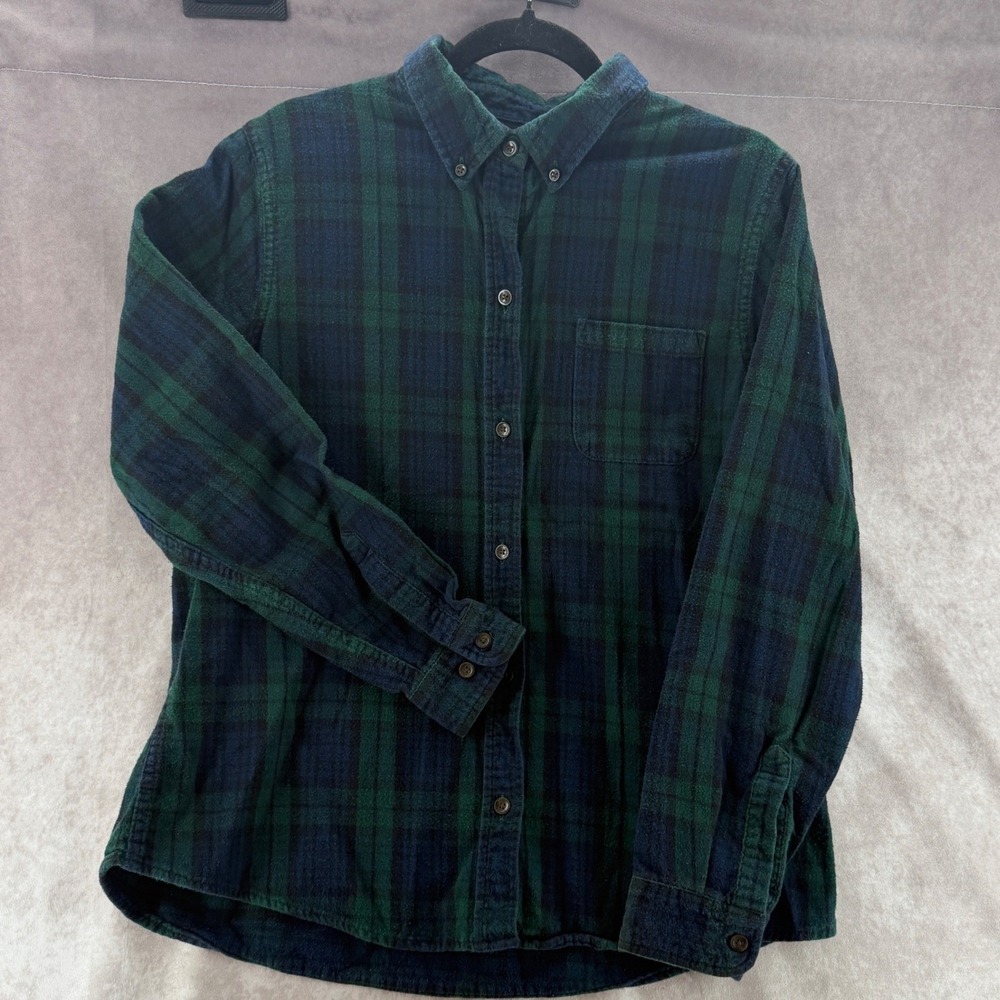 LL Bean Women Green Navy Black Watch Plaid Cotton Flannel Shirt Large Regular